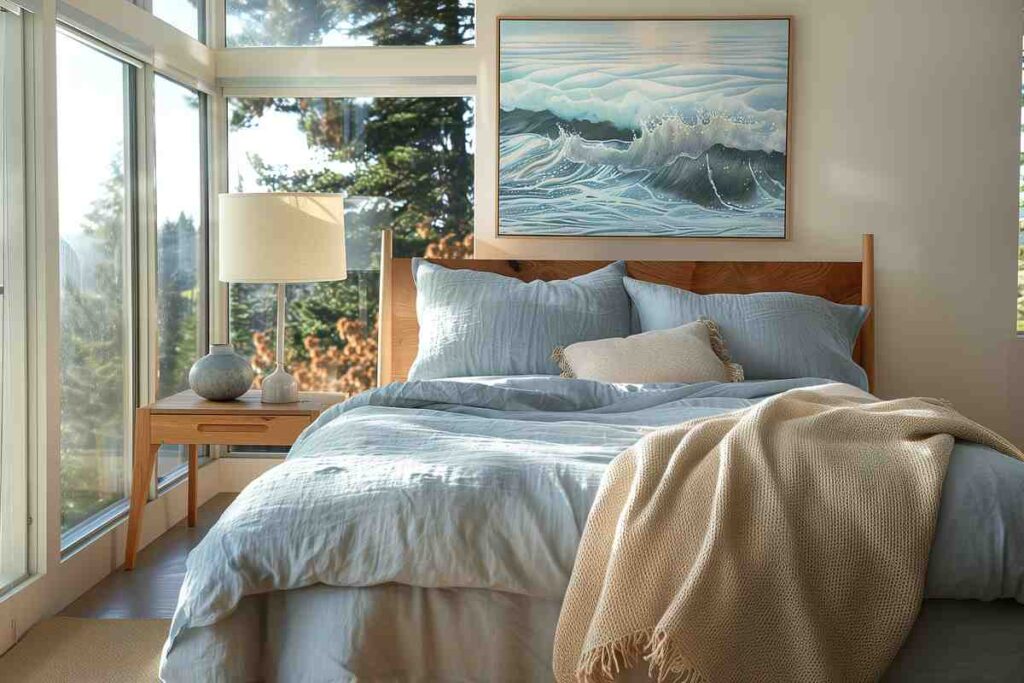 Light blue color bedding sheet and beige accent