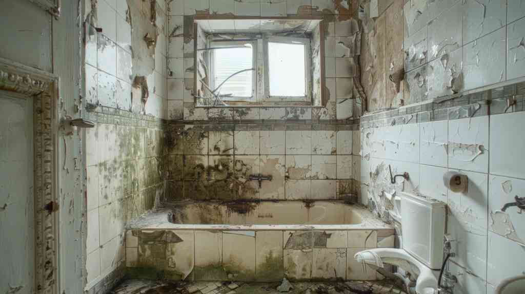 Bathroom with cracked tiles, excess moisture, and mold growth in corners due to lack of proper ventilation