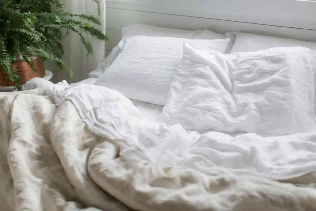 A linen sheets spread on the mattress with a green flower by the bed side