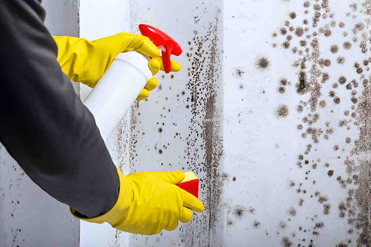 Man cleaning black spots on bathroom ceiling using a mold cleaner