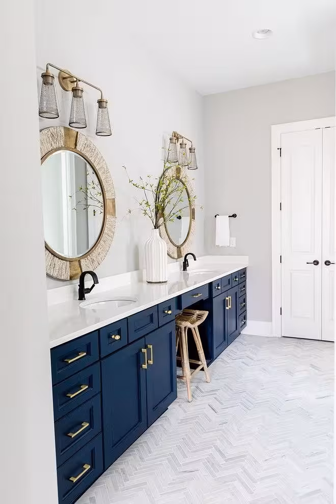 Dark blue bathroom vanity with metallic accent and double mirrow