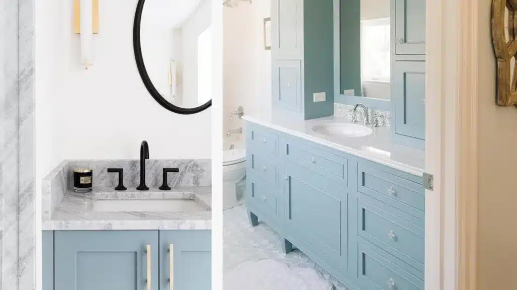 Dusty blue bathroom vanity featuring a black hardwares