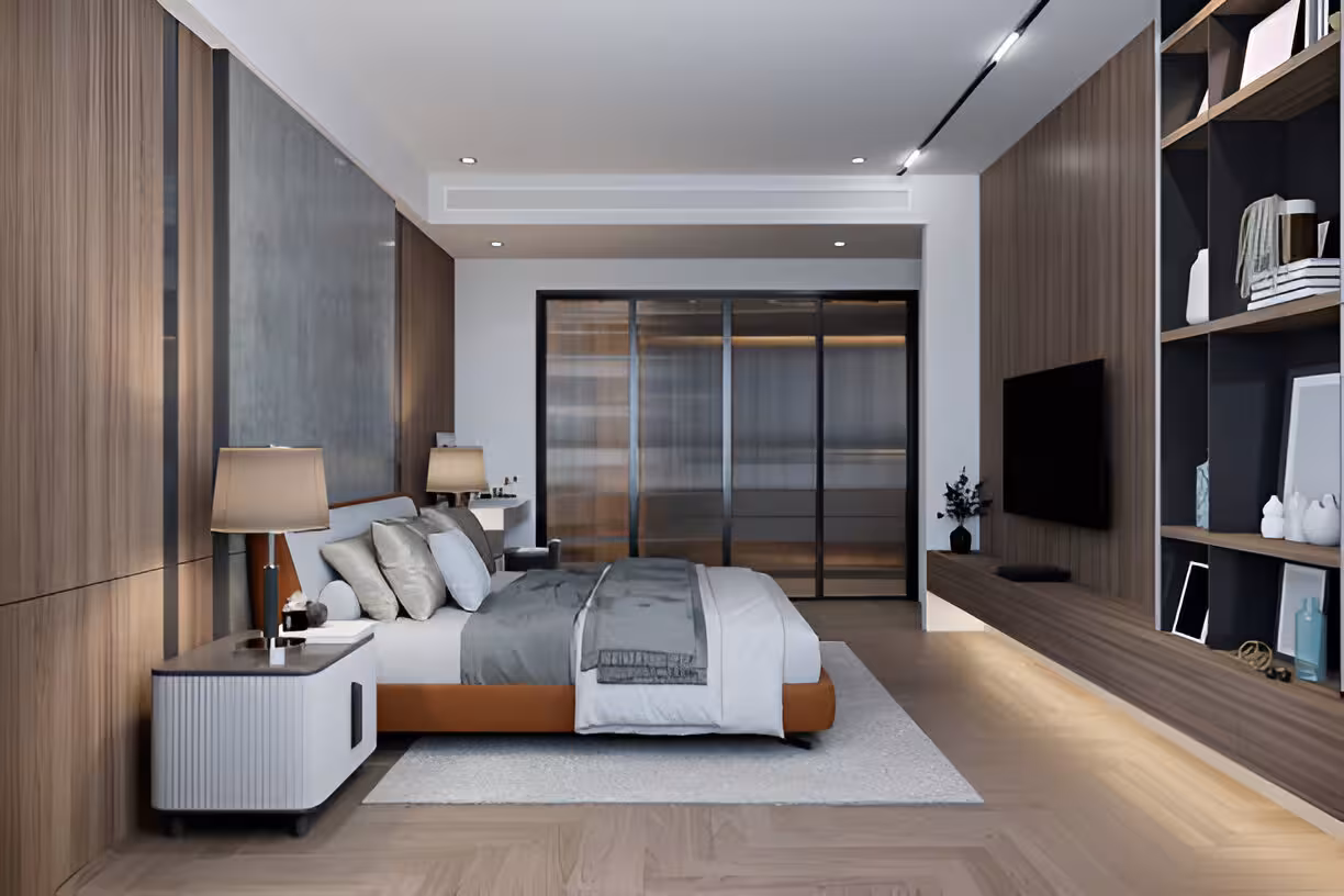 A bedroom showcasing a dimension with a queen size bed