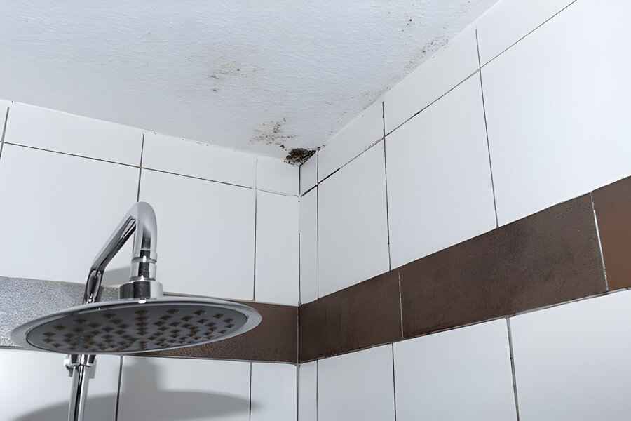 Mold spots in the bathroom ceiling due to excess moisture and moist wall in bathroom