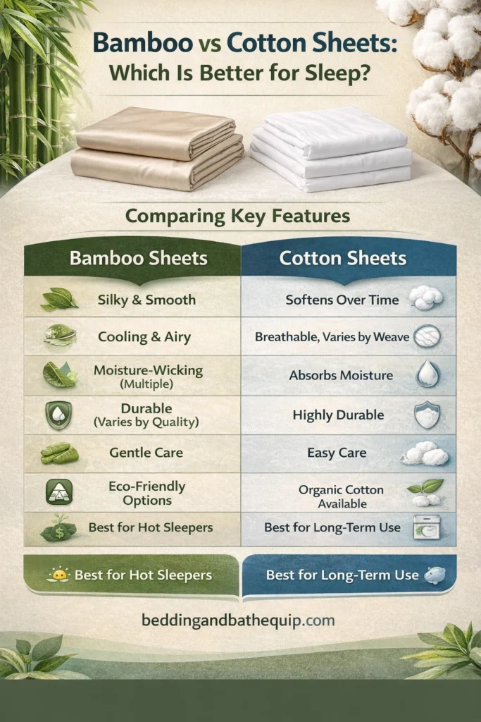 Bamboo vs cotton sheets infographic comparing softness, cooling, breathability, durability, maintenance, and sustainability to help choose the best bed sheet material for better sleep.
