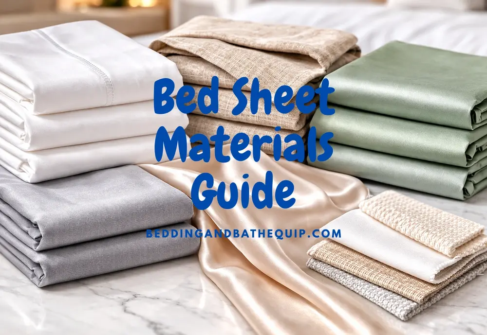 neatly arranged bed sheet materials on a bright white marble table, folded stacks of cotton sheets, linen sheets, bamboo fabric sheets, and silk sheets displayed side by side