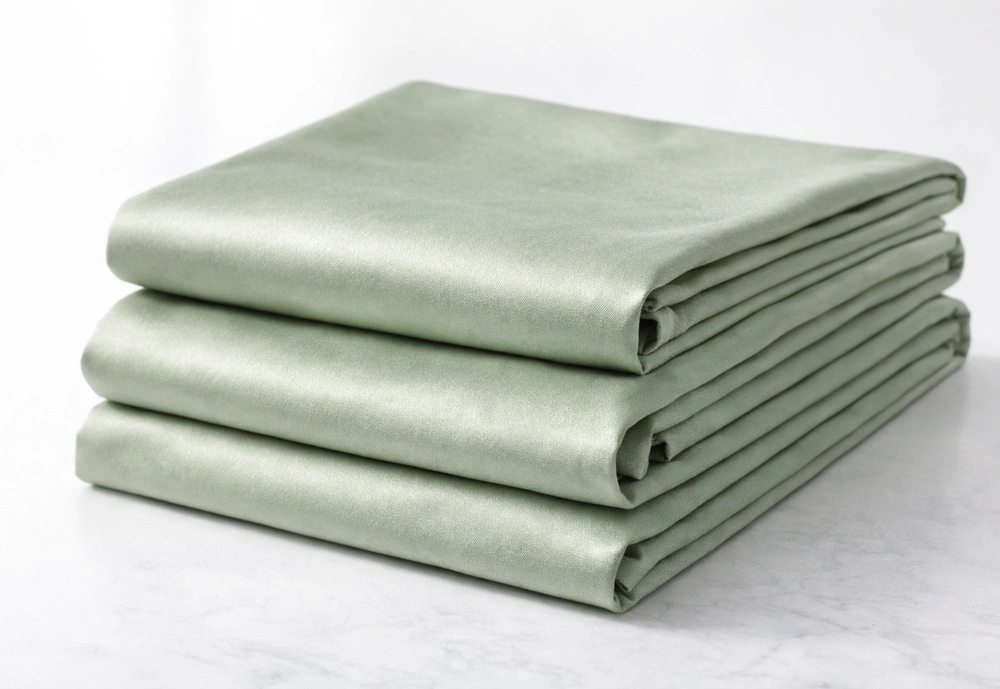 Folded light green bamboo bed sheets with smooth silky texture on clean white surface.