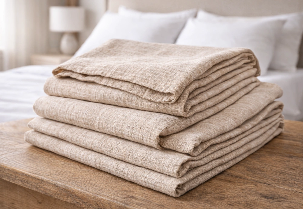 Folded natural linen bed sheets with visible woven texture on wooden table in minimalist bedroom setting.