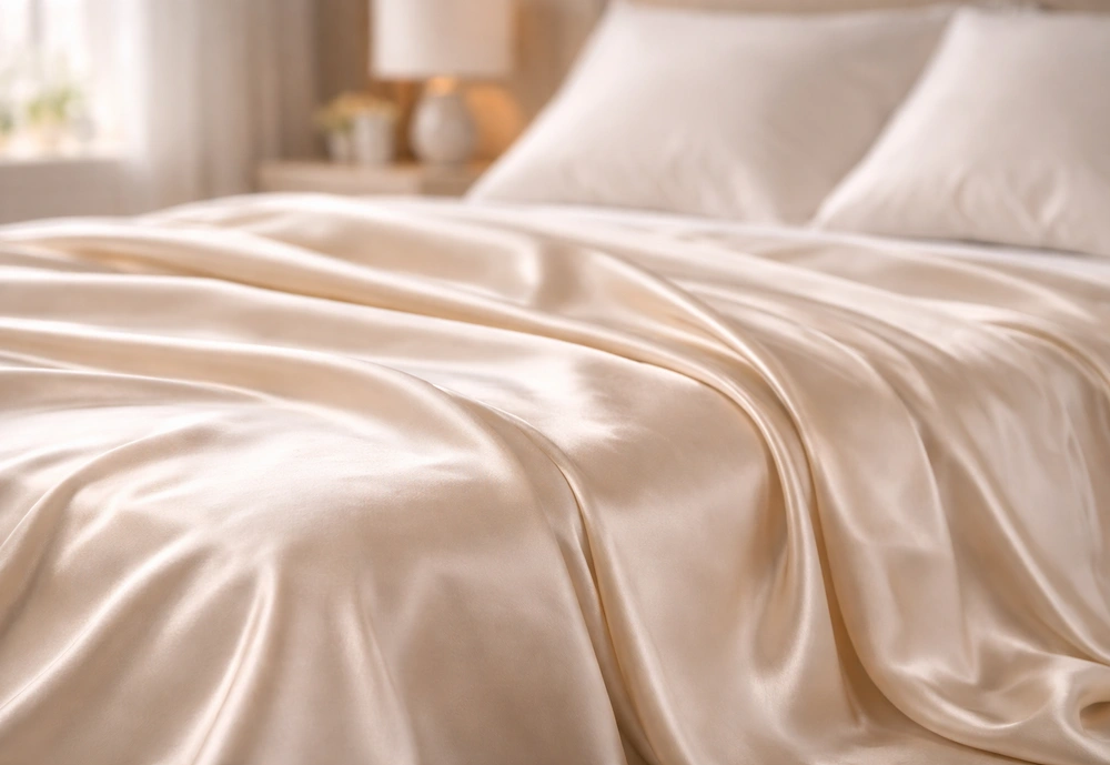 Champagne colored silk bed sheets draped on bed showing smooth glossy silk fabric texture