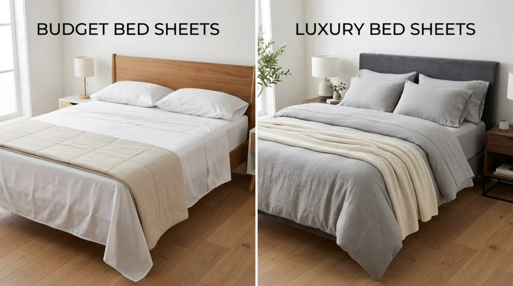 Side-by-side comparison of budget and luxury cooling bed sheets for night sweats and hot sleepers