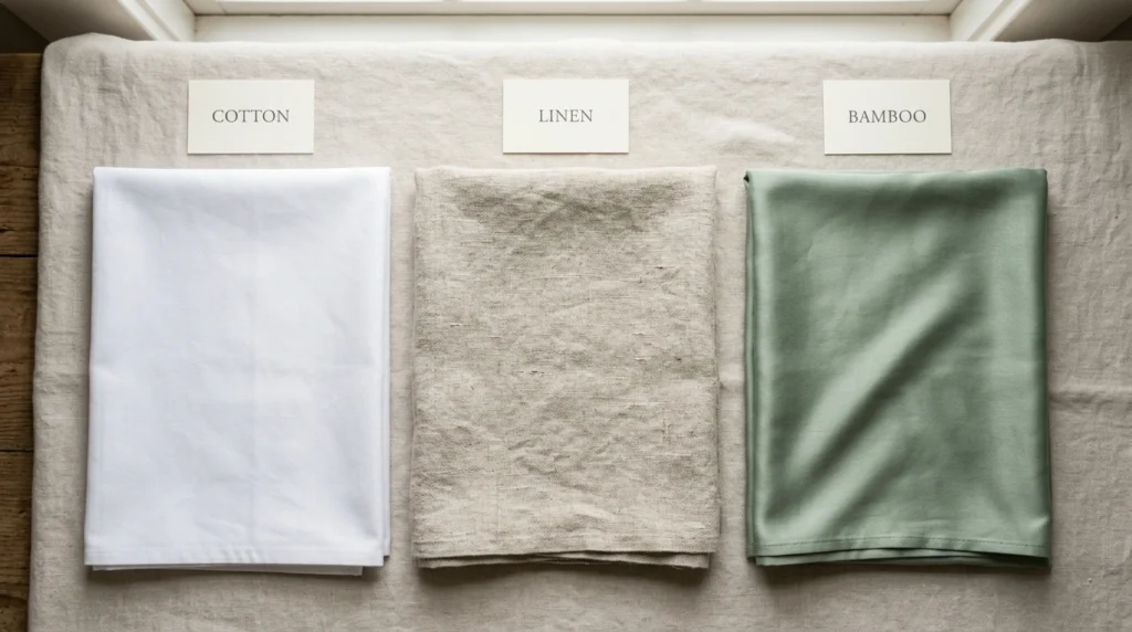 Flat lay comparison of cotton, linen, and bamboo sheets for hot sleepers and temperature regulation