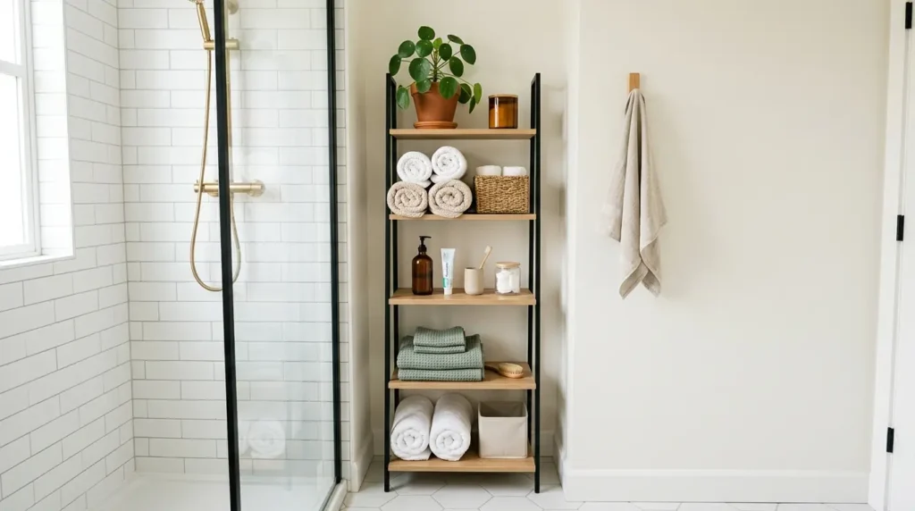 Small bathroom corner shelf with rolled towels, baskets, and toiletries using awkward space for extra storage.