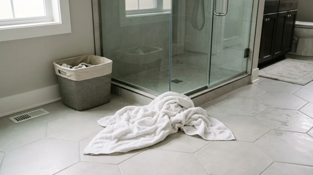 Bath towel dropped on a bathroom floor and ready to be washed.