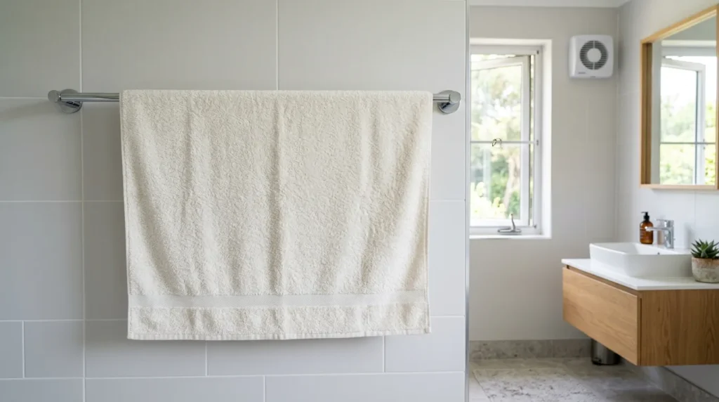 Bath towel spread out on a towel bar to dry properly between uses.