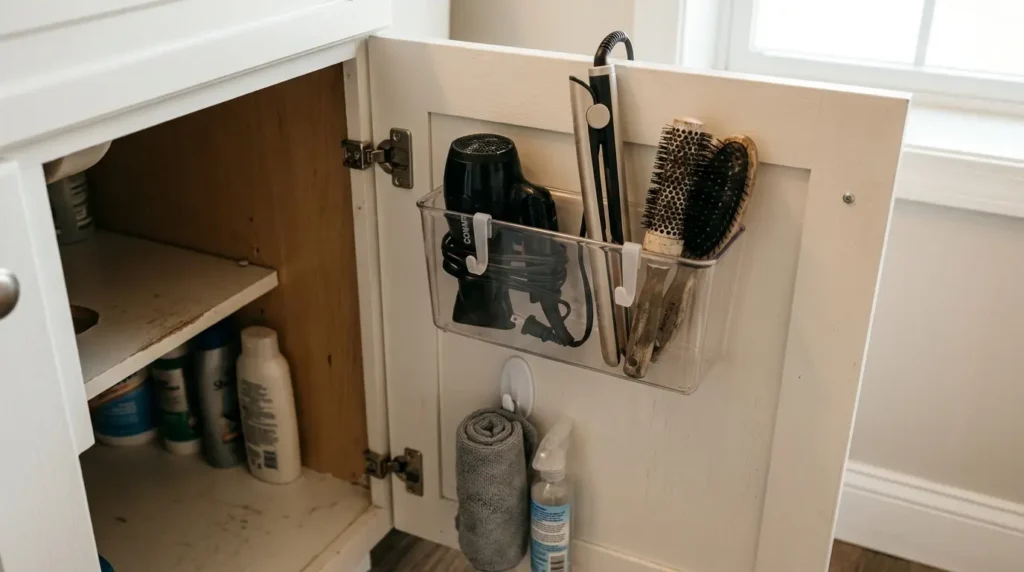 Bathroom cabinet door organizer holding a hair dryer, flat iron, brushes, and cleaning sprays in a small vanity cabinet.