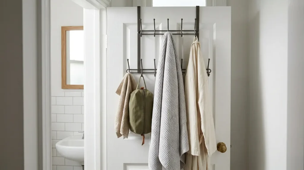 Small bathroom door with hooks holding towels, a robe, and toiletry bag for space-saving bathroom storage.