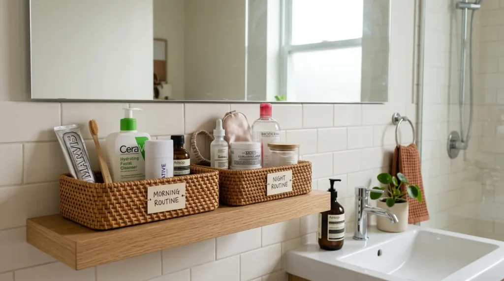 Small bathroom storage baskets arranged for morning and night routines with toiletries, skincare, and hair products.