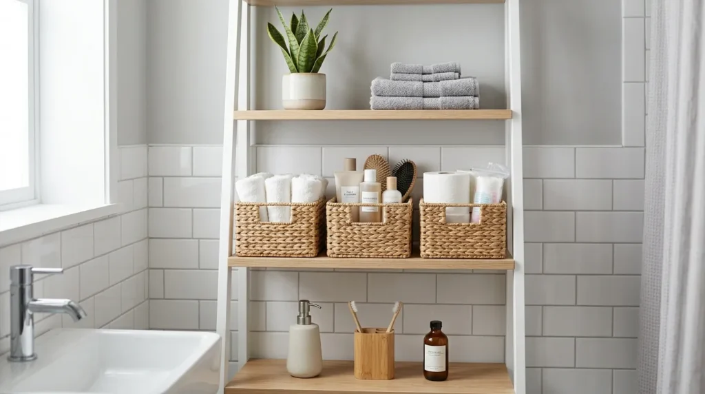 Bathroom basket organization on open shelves with woven baskets holding skincare, hair products, washcloths, and toilet paper.