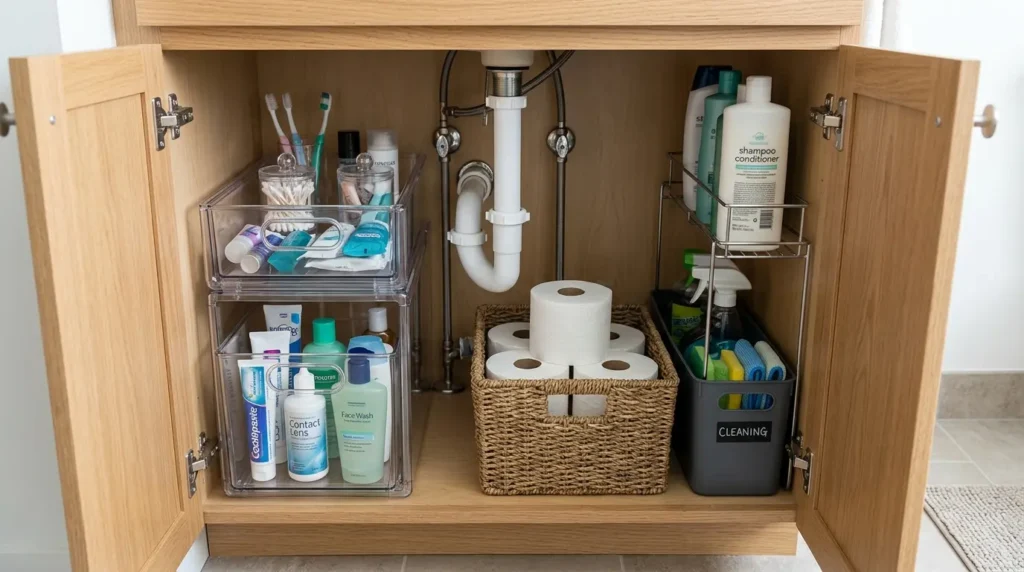 Under sink storage bathroom cabinet organized with pull-out bins, baskets, cleaning supplies, toiletries, and extra toilet paper.