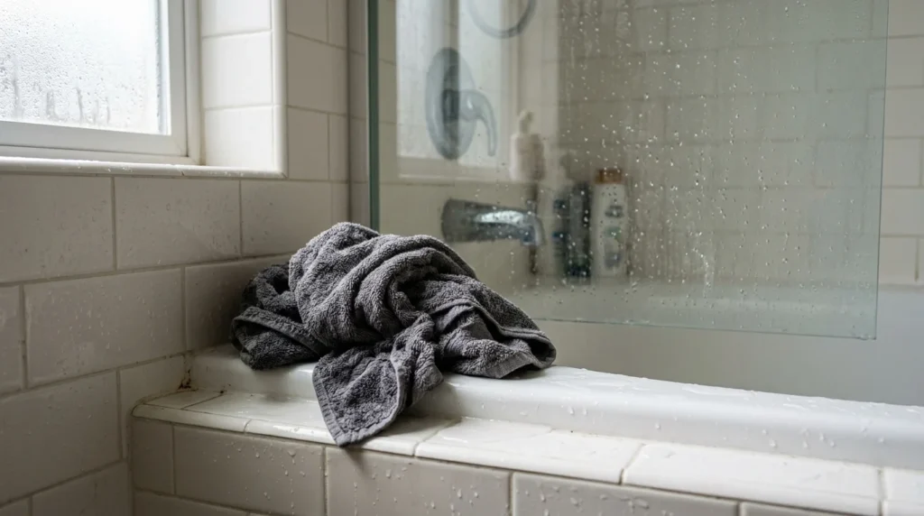 Damp bath towel left bunched up in a bathroom, showing poor towel drying habits.