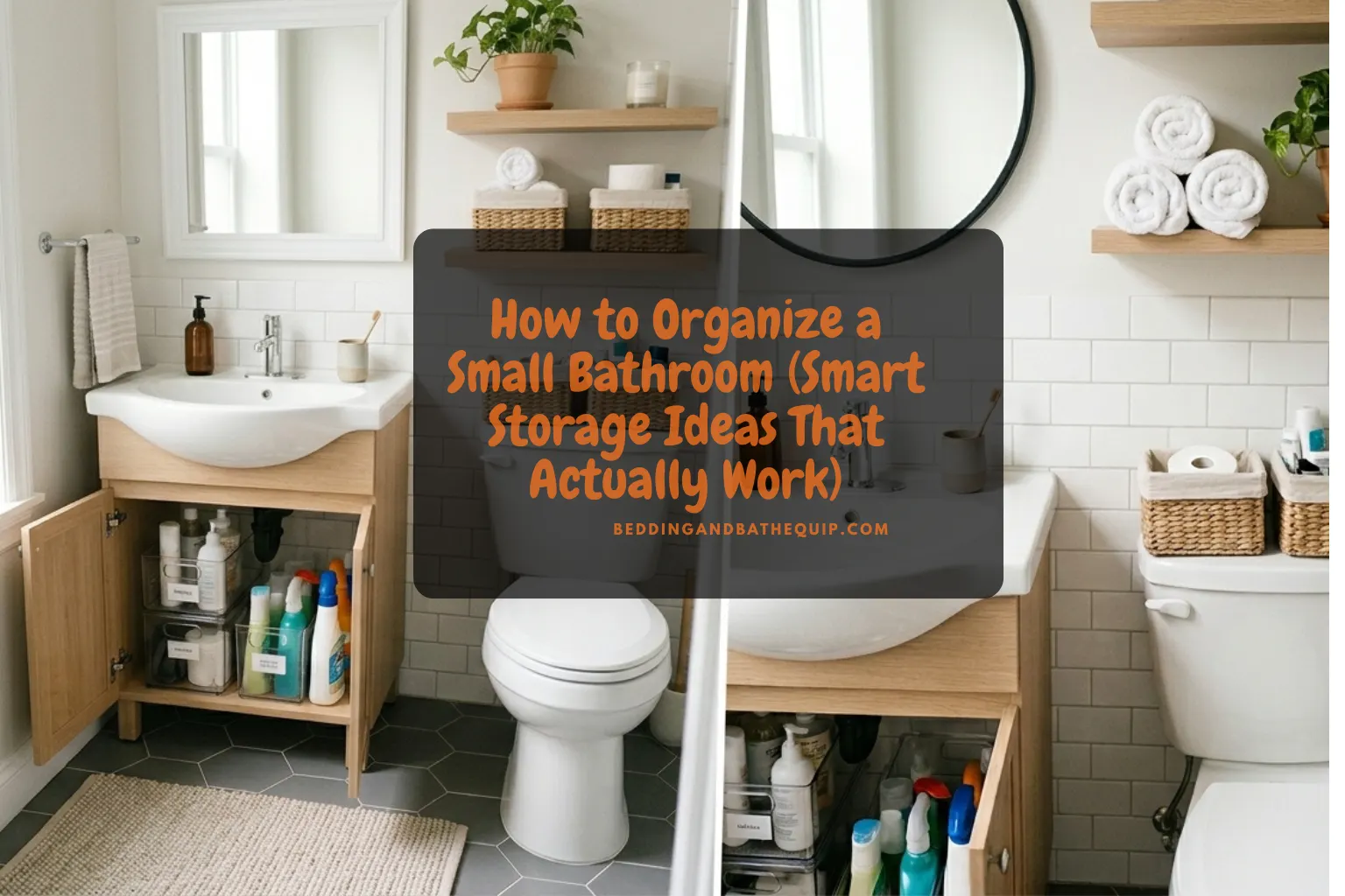 Organized small bathroom with floating shelves, baskets, rolled towels, and a clear countertop showing how to organize a small bathroom.