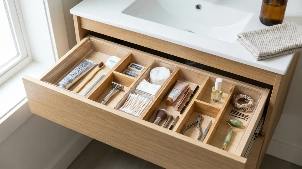 Bathroom drawer organized with dividers for toothpaste, floss, razors, cotton swabs, makeup, and hair ties.