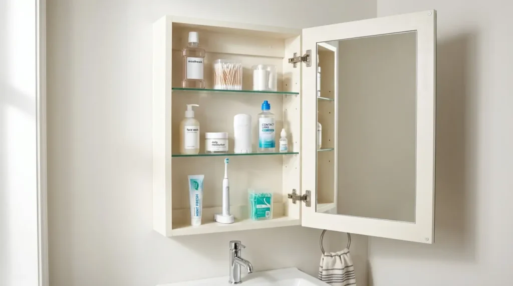 Open medicine cabinet neatly organized with face wash, moisturizer, toothpaste, deodorant, and everyday bathroom essentials.