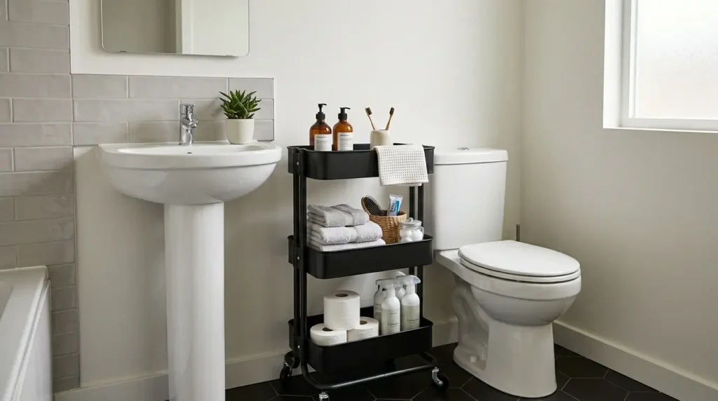 Slim rolling cart beside a small bathroom vanity holding toiletries, folded towels, toilet paper, and cleaning supplies.