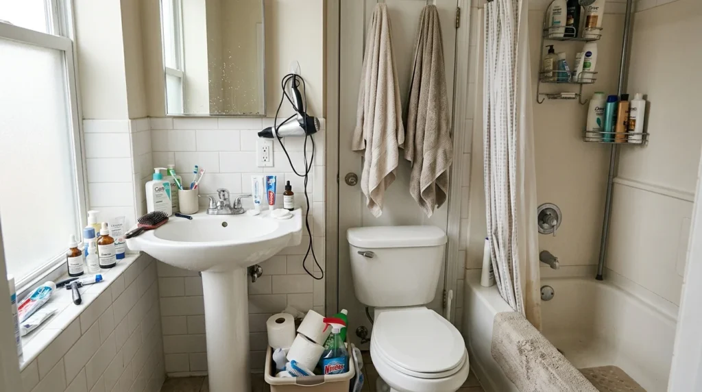 Cluttered small bathroom counter with toiletries, towels, hair tools, and storage items showing why small bathrooms get messy quickly.