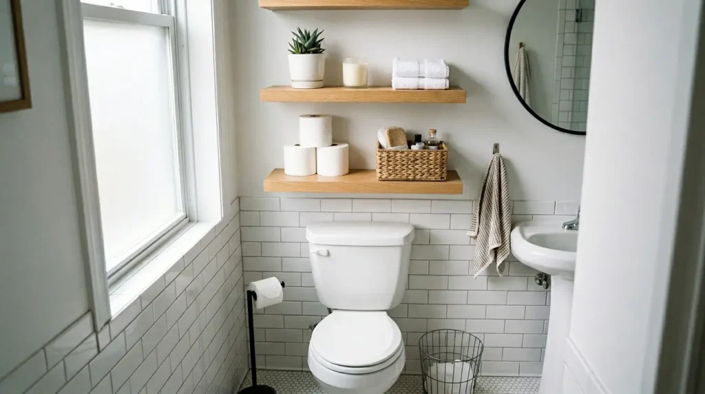 Small bathroom with floating shelves above the toilet holding rolled towels, baskets, toilet paper, and simple decor.