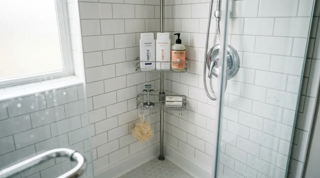 Small shower with an organized shower caddy holding shampoo, conditioner, body wash, and a razor.