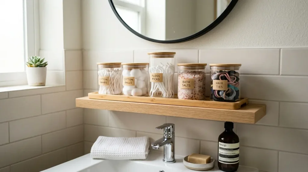 Clear bathroom canisters holding cotton swabs, cotton balls, floss picks, bath salts, and hair ties on a shelf.