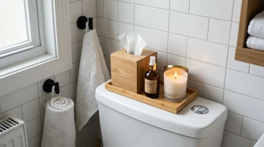 Small bathroom toilet tank tray holding tissues, room spray, and a candle for simple bathroom organization.