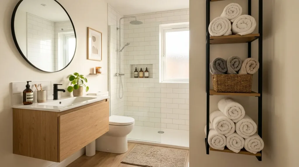 Rolled towels stored vertically in a basket and on a shelf in a small organized bathroom.