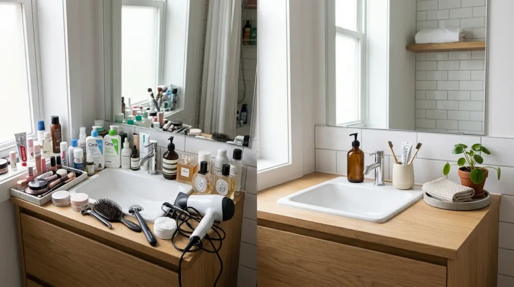 Before and after small bathroom counter showing cluttered toiletries changed into a clean counter with soap, tray, and toothbrush holder.