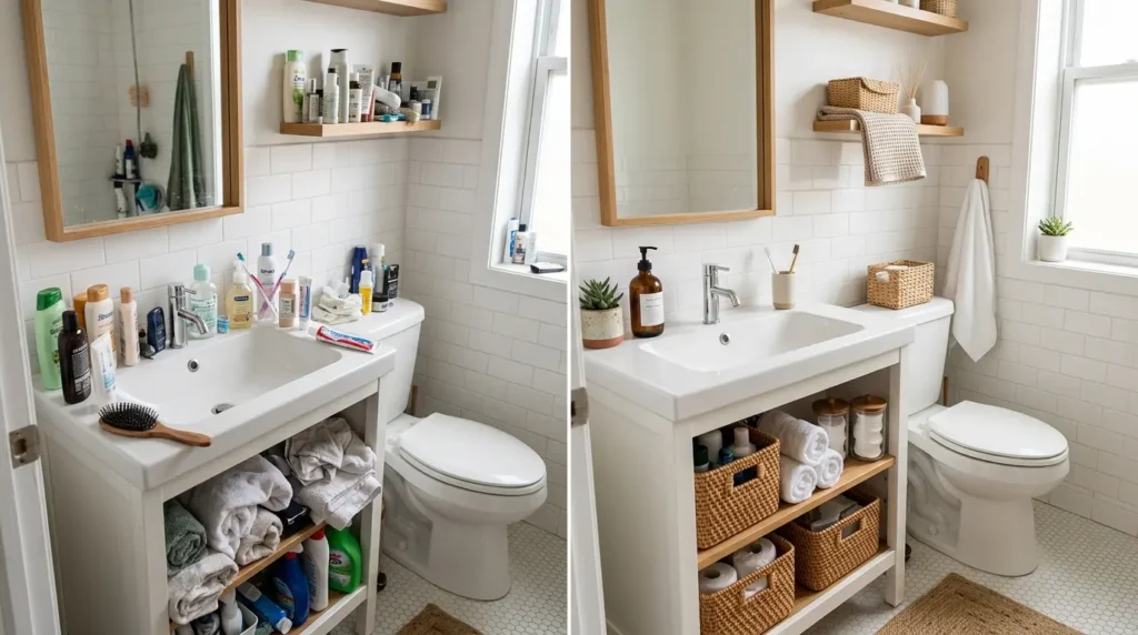 Before and after small bathroom transformation with cluttered storage changed into organized shelves, baskets, towels, and a clear countertop.