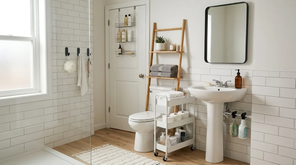 Renter-friendly small apartment bathroom storage with adhesive hooks, a rolling cart, freestanding shelf, and over-the-door organizer.