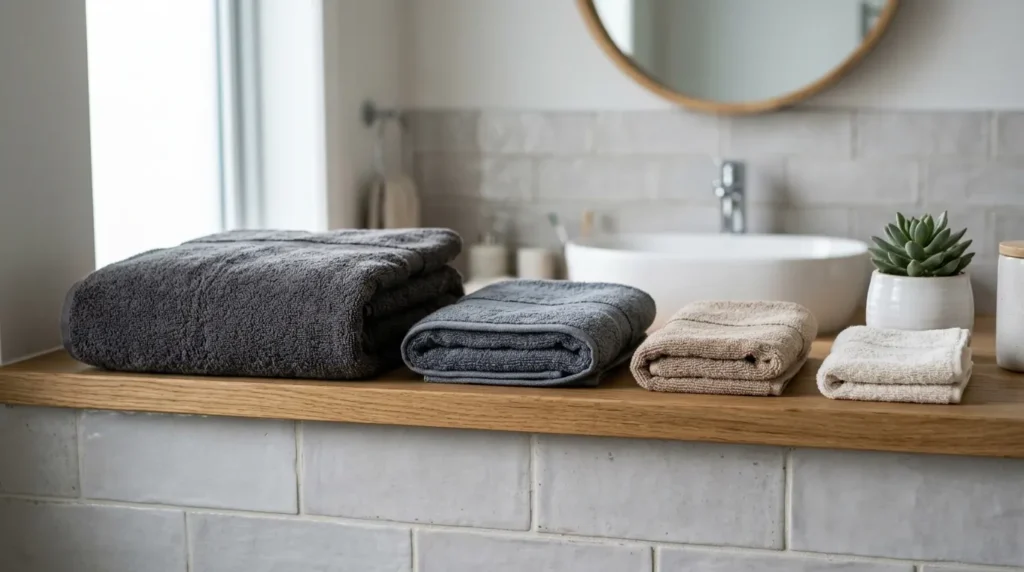 Different towel types including bath towel, hand towel, washcloth, and gym towel.