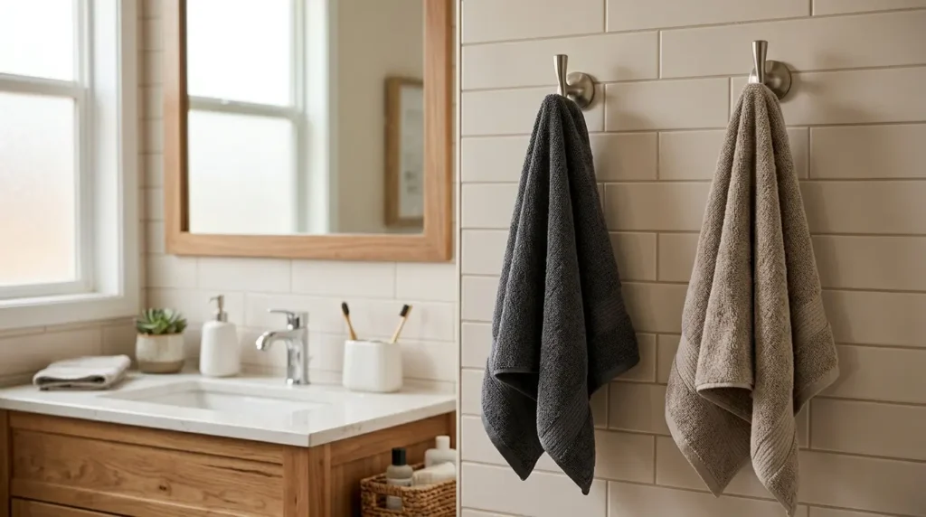 Can you use a bath towel more than once? Close up image of a separate bath towels hanging in a shared bathroom to avoid towel sharing.