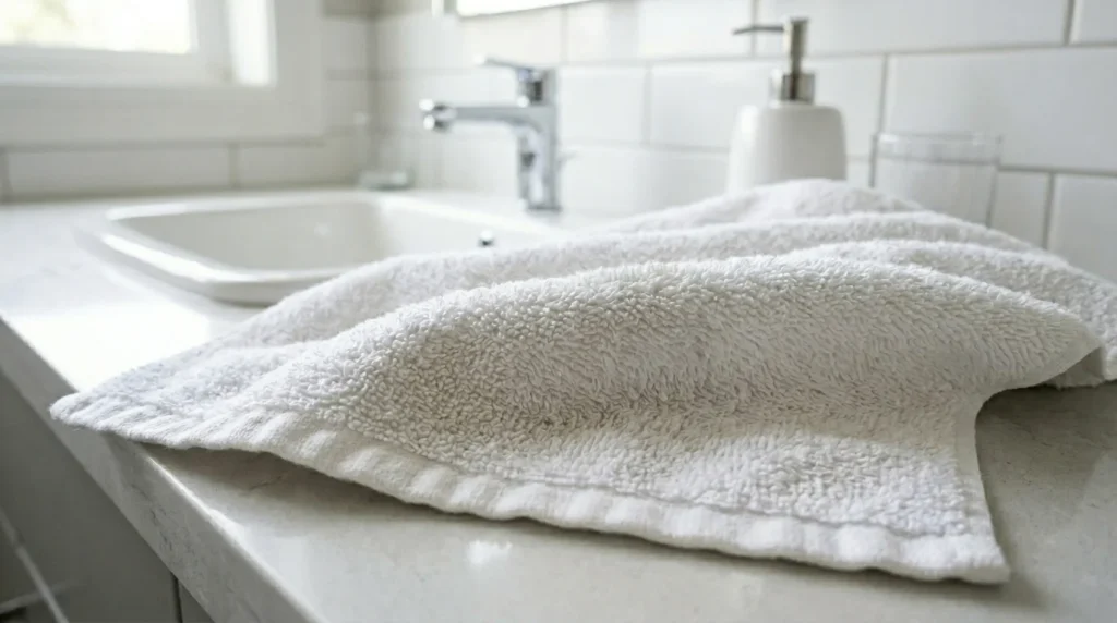 Close-up of a used bath towel showing why regular washing matters for hygiene.